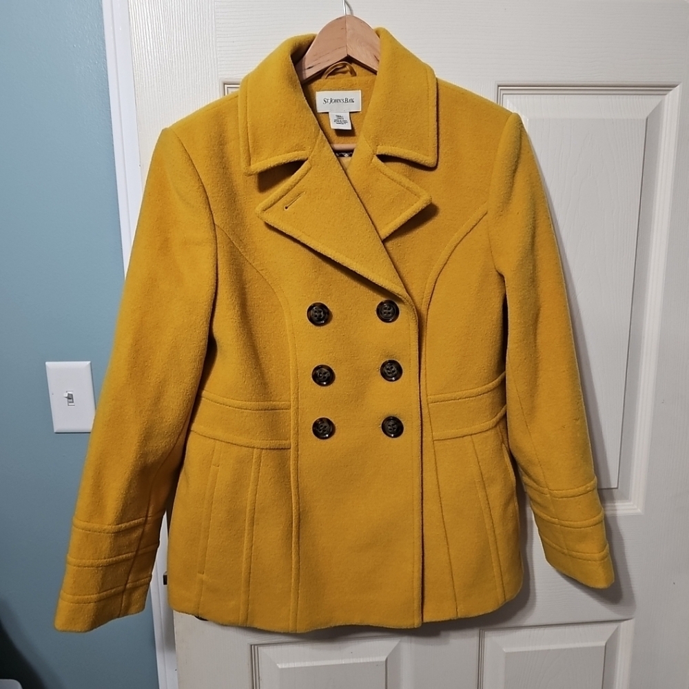 St. Johns Bay Womansโ Small Yellow Double Breasted Wool Blend Peacoat EUC